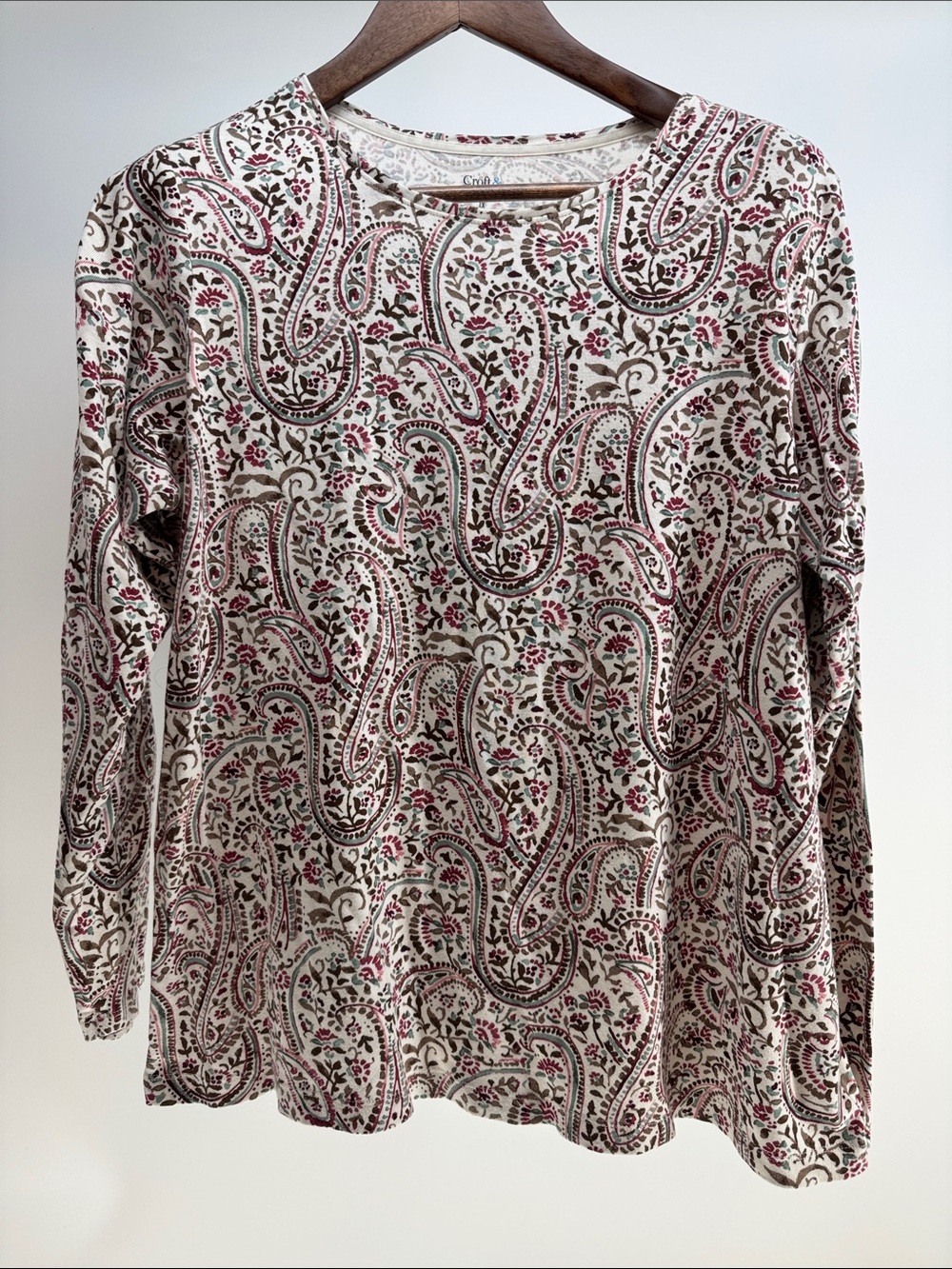 croft & barrow Cream Paisley Long-Sleeve Top with Pink and Brown Print